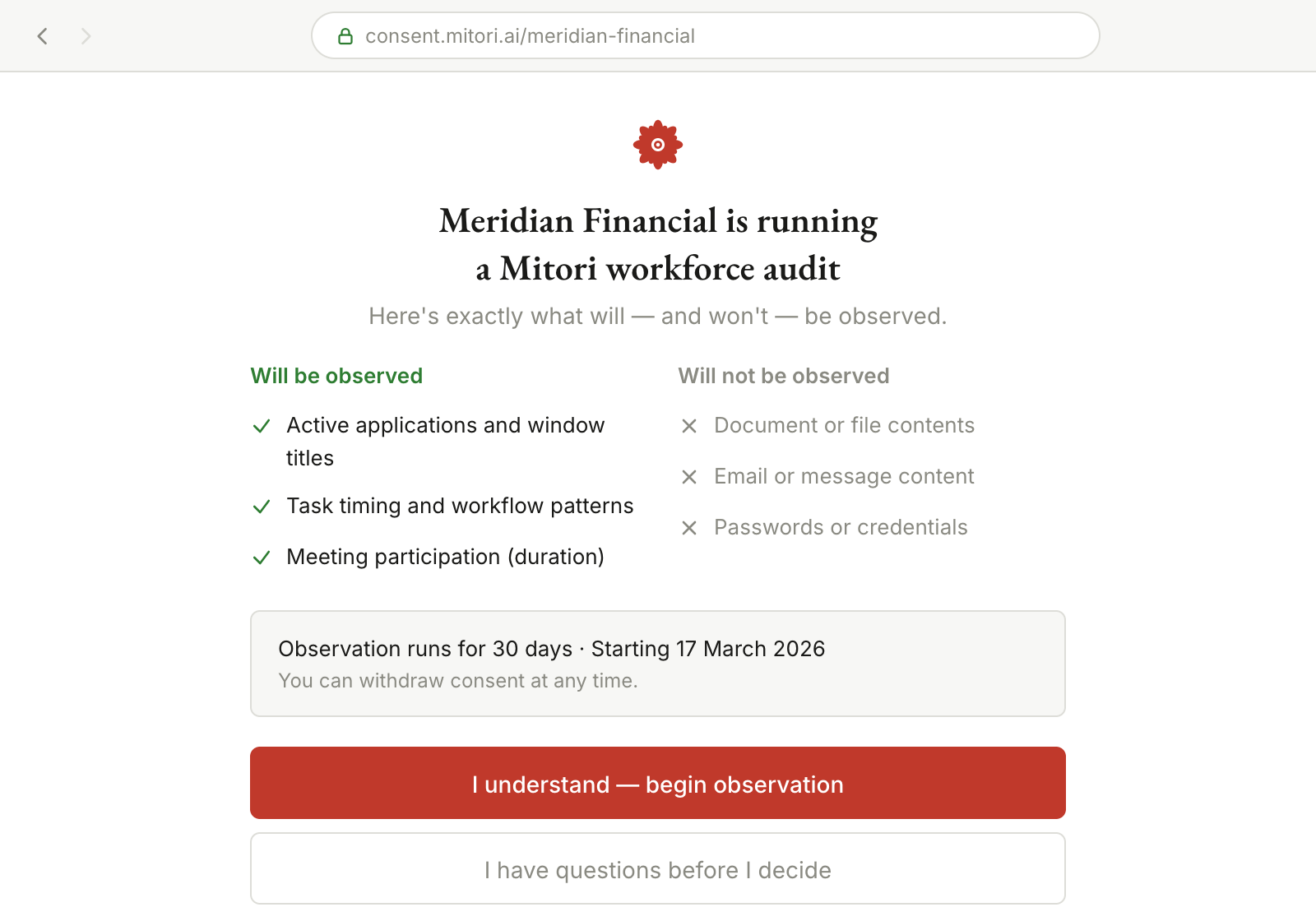 Mitori consent notice UI showing what will and will not be observed