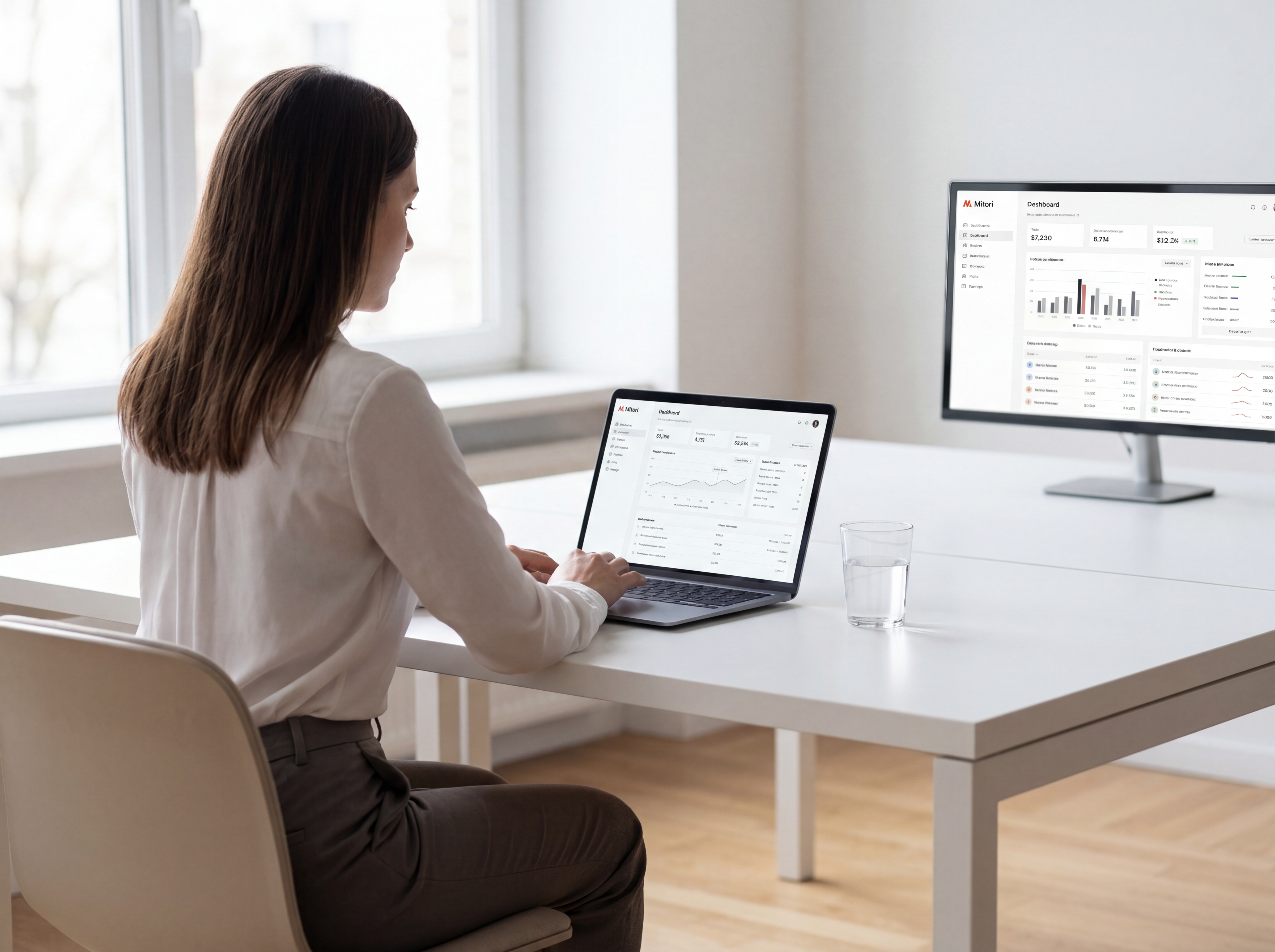 Business professional reviewing Mitori dashboard at their desk